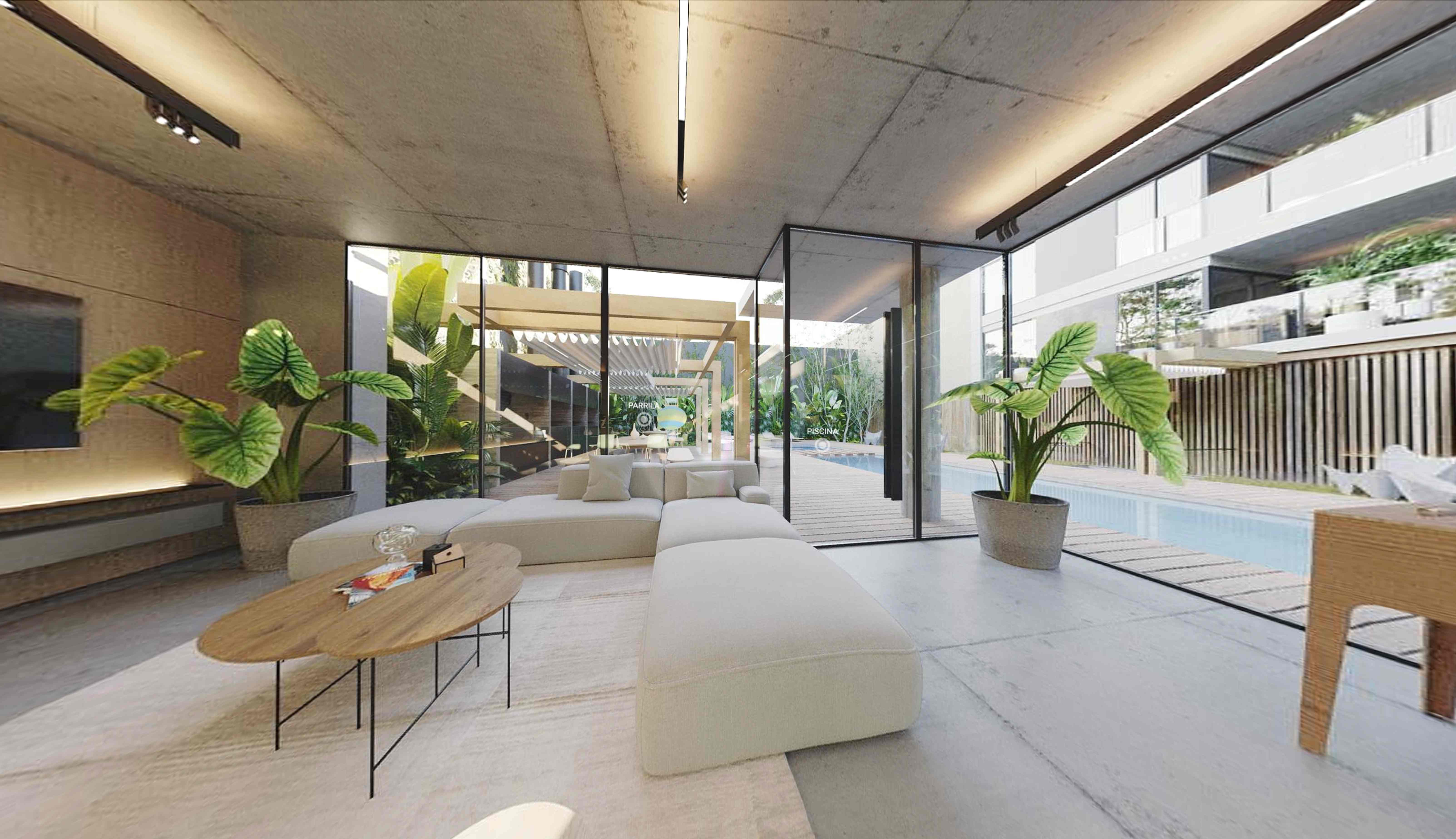 Living con vista a la piscina